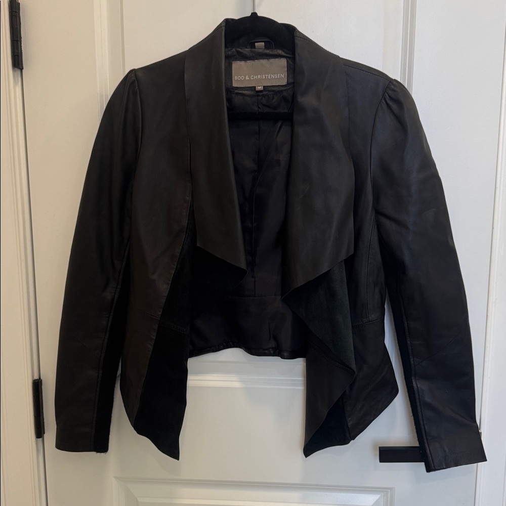 BOD & CHRISTENSEN Black Leather and Suede Draped Open-Front Jacket